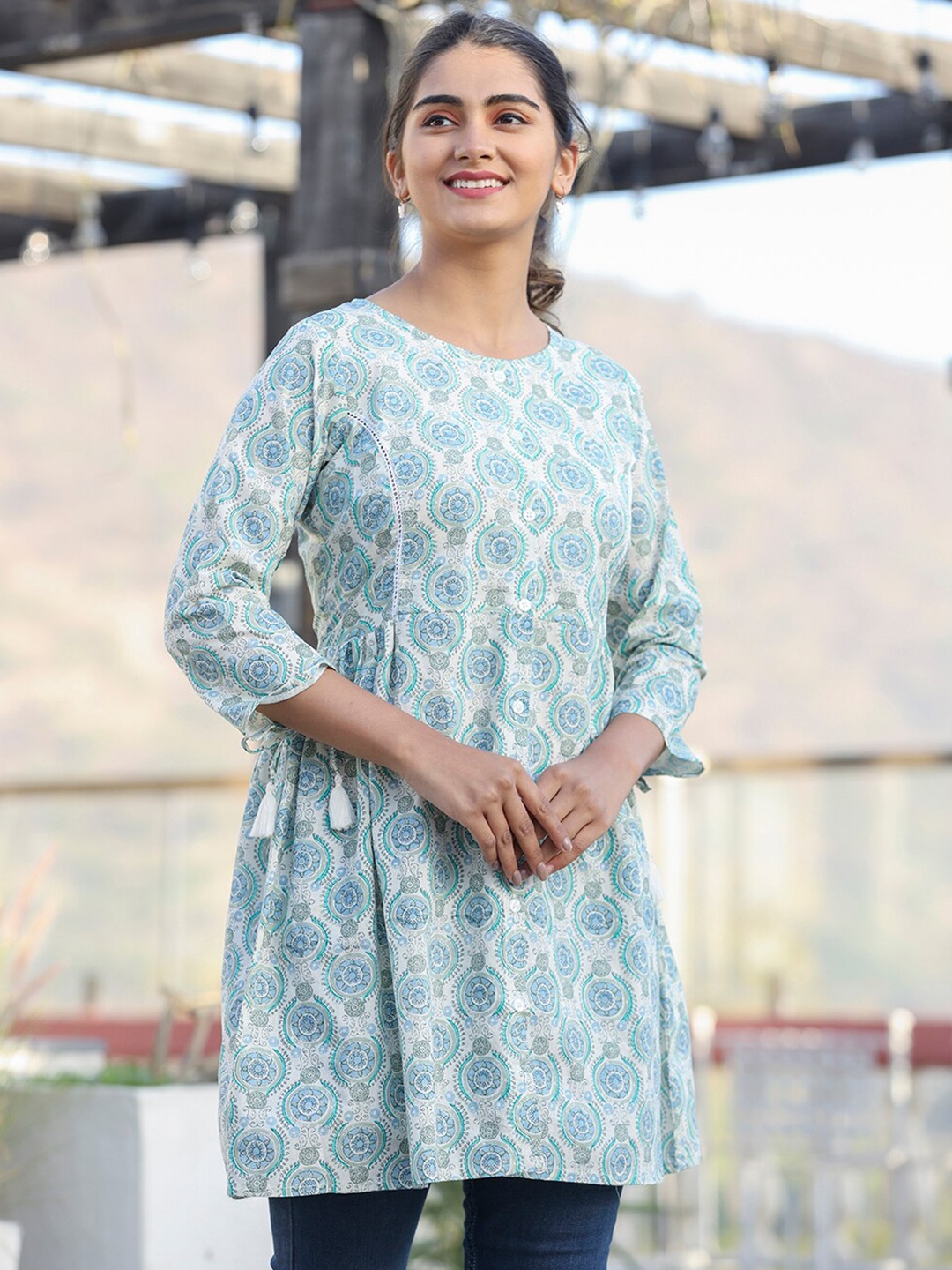 

KAAJH Printed Pure Cotton Shirt Style Tunic, White