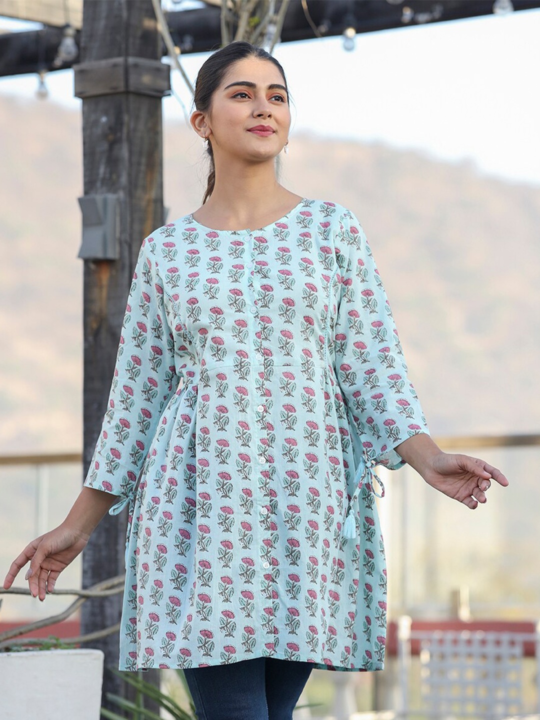 

KAAJH Floral Print Pure Cotton Shirt Style Tunic, Green