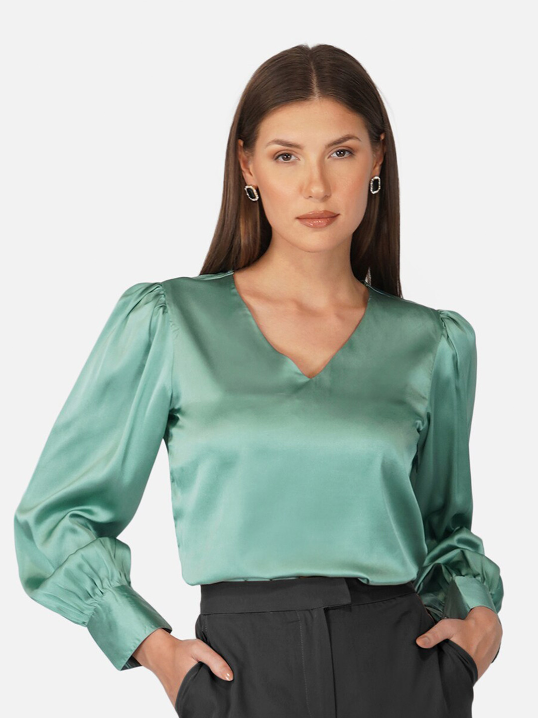 

PURYS V-Neck Puff Sleeves Satin Top, Green