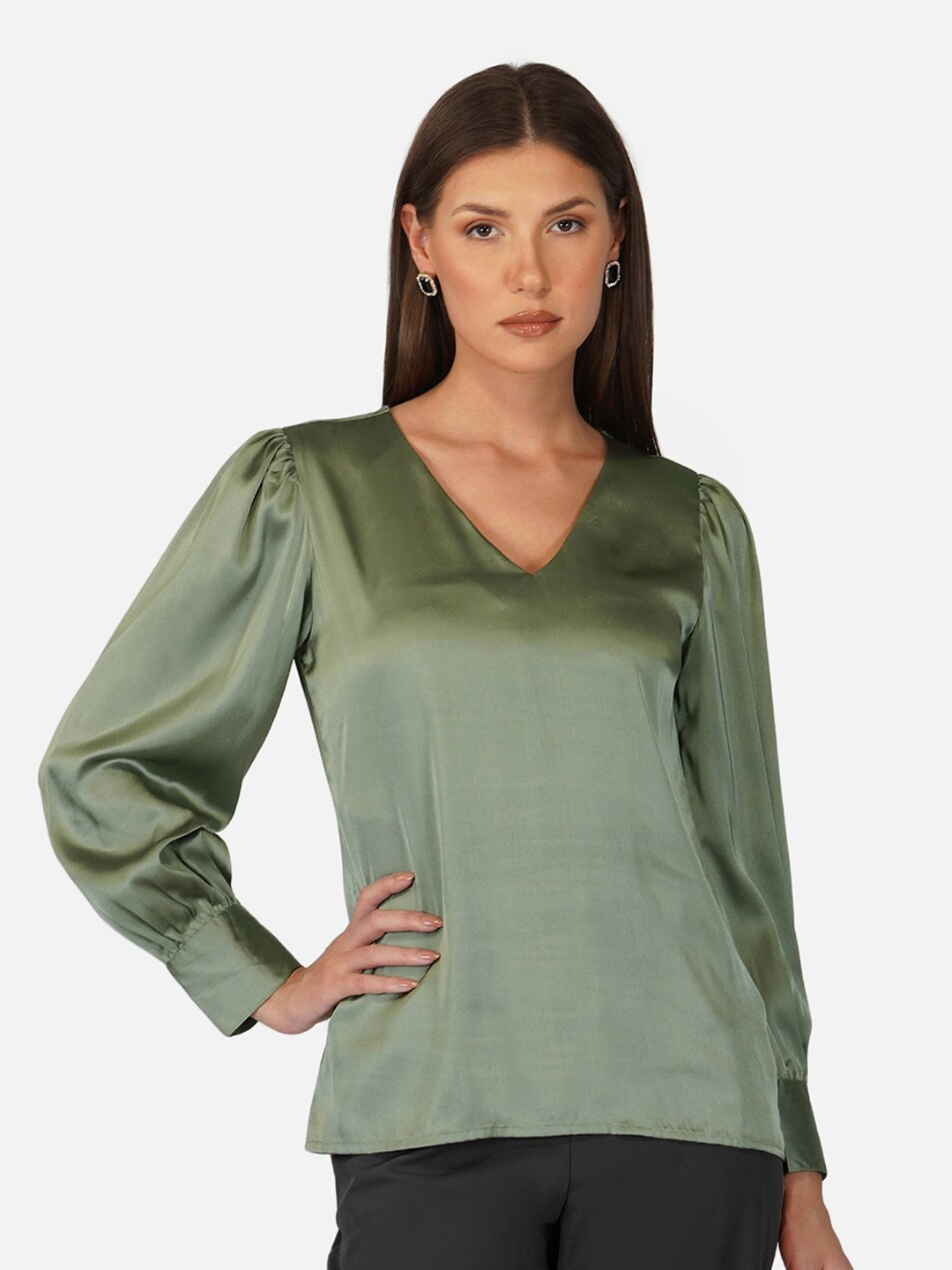 

PURYS V Neck Cuff Sleeves Satin Top, Olive