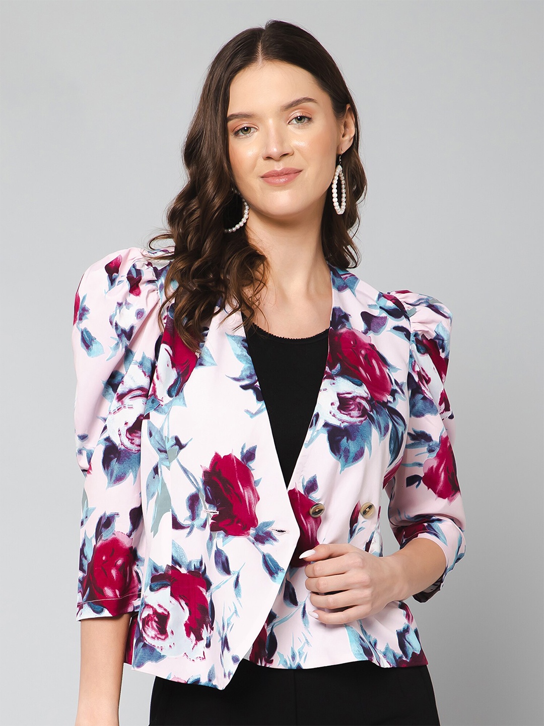 

PURYS Women Printed Button Shrug, Pink