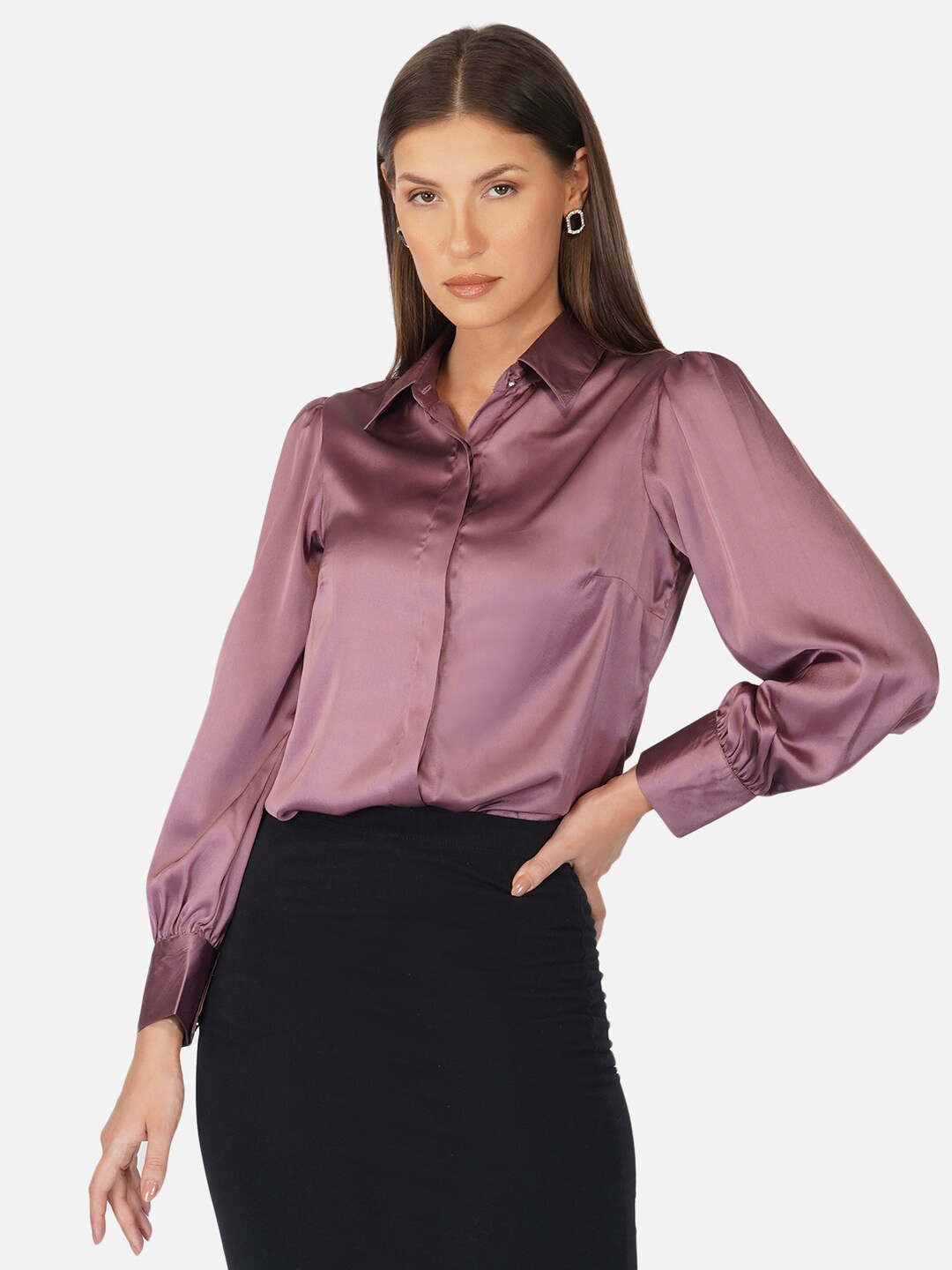 

PURYS Spread Collar Satin Formal Shirt, Purple
