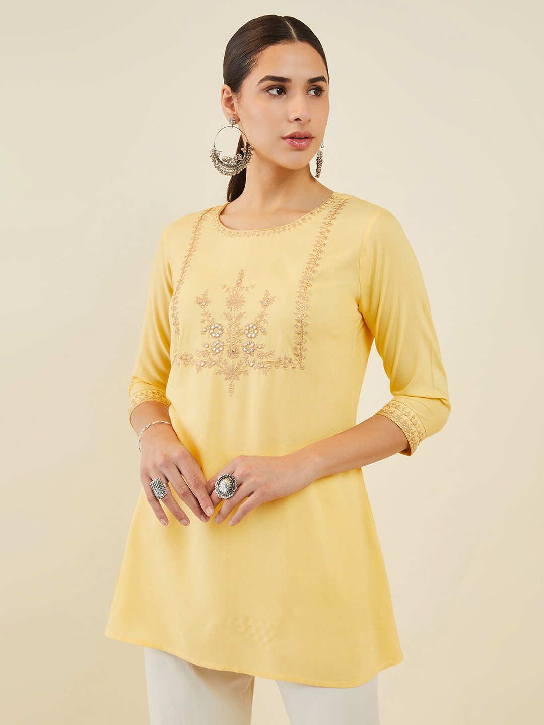 

Soch Round Neck Embroidered Mirror Work Tunic, Yellow