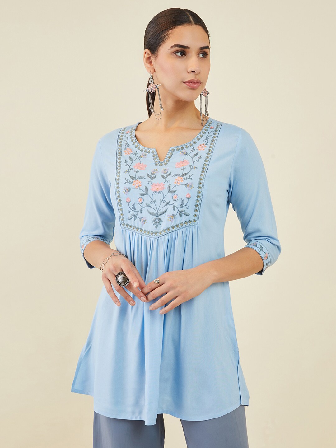 

Soch Floral Embroidered Notch Neck Tunic, Blue