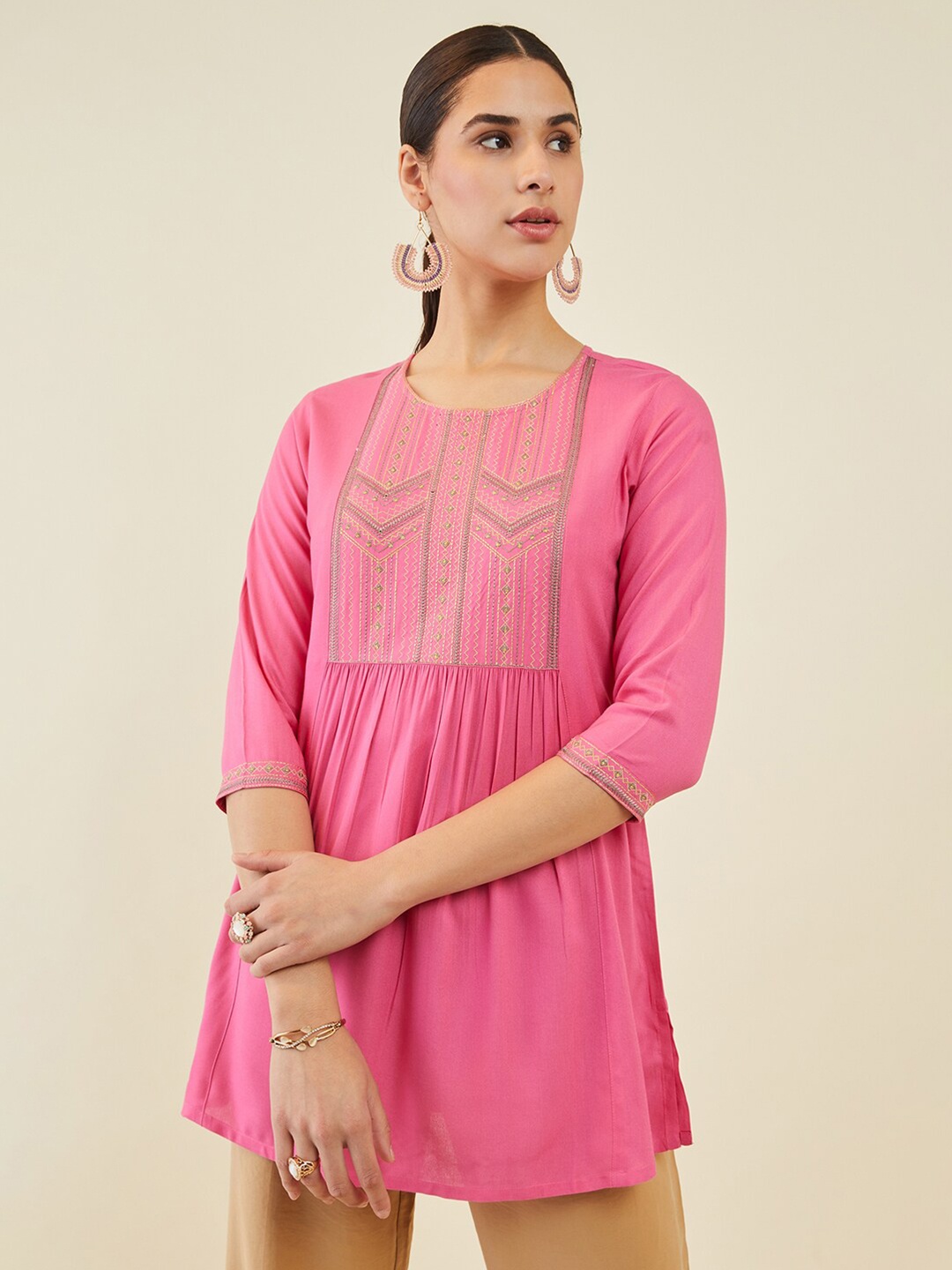 

Soch Round Neck Embroidered Tunic, Pink