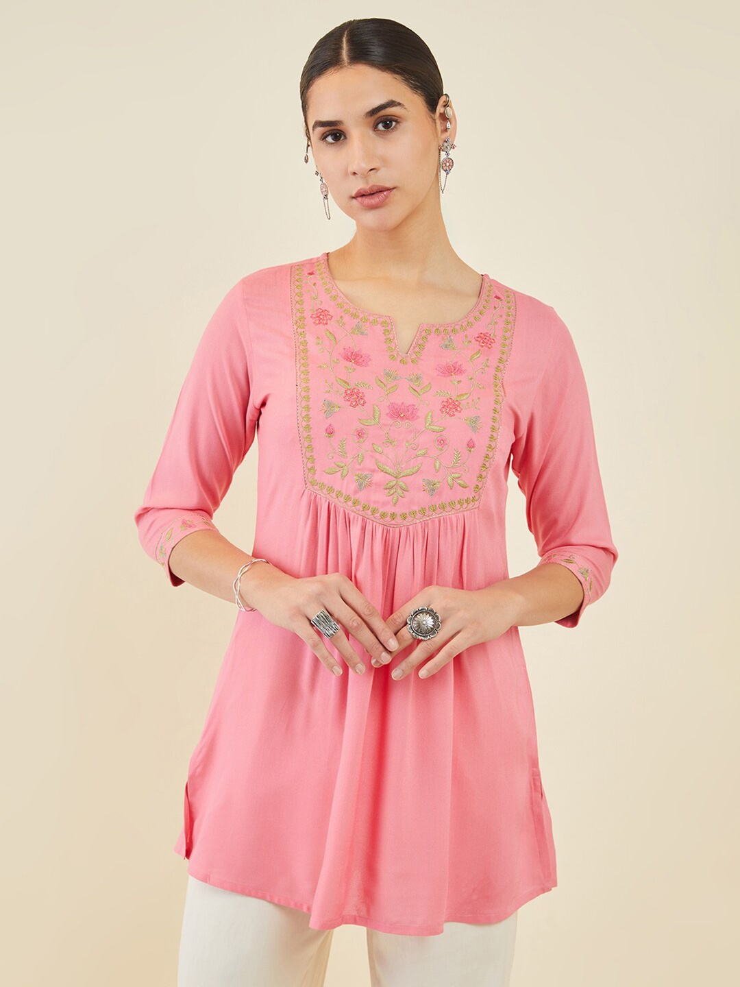 

Soch Floral Notch neck Embroidered Tunic, Coral