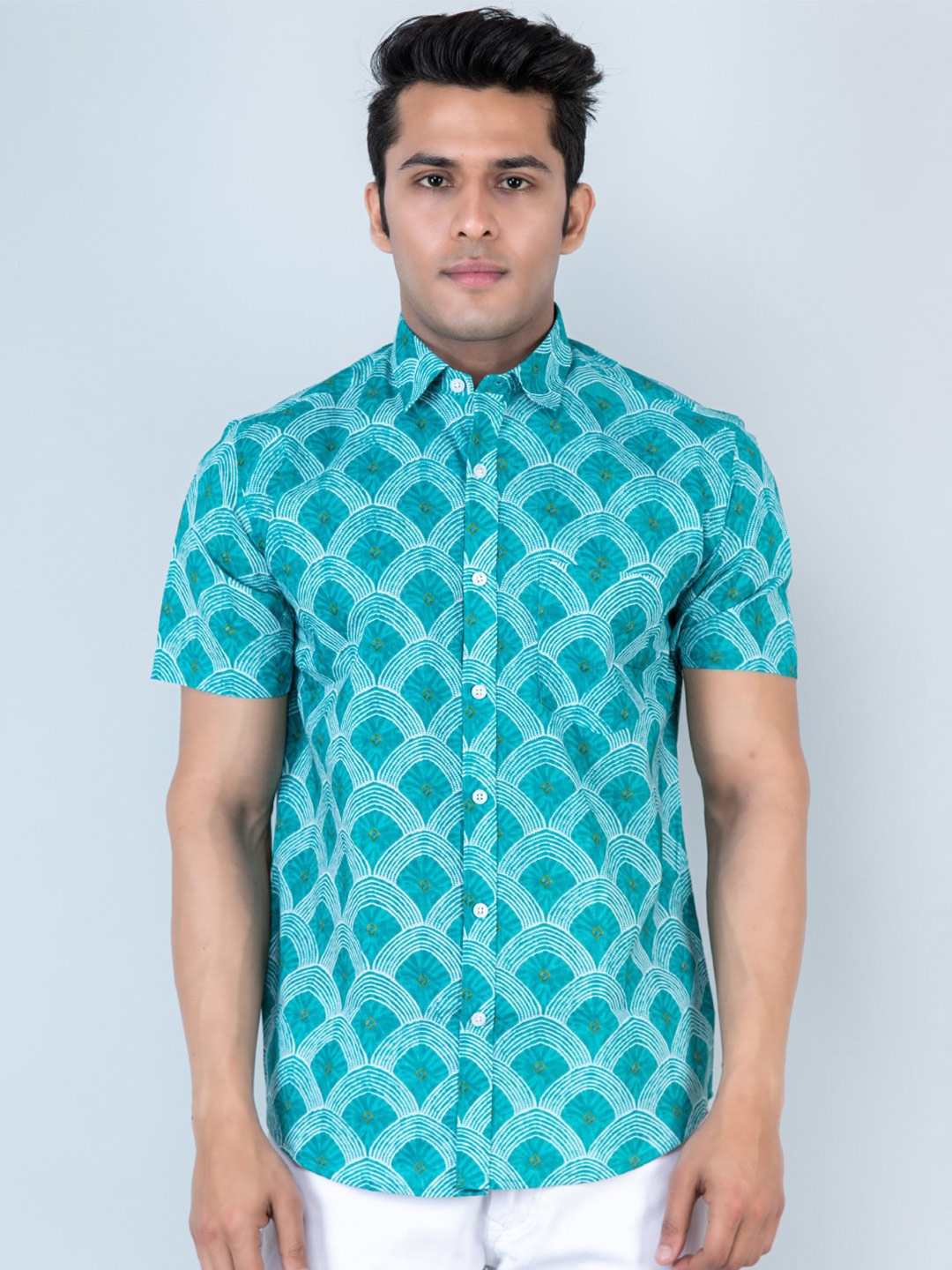 

Tistabene Geometric Printed New Fit Cotton Casual Shirt, Turquoise blue