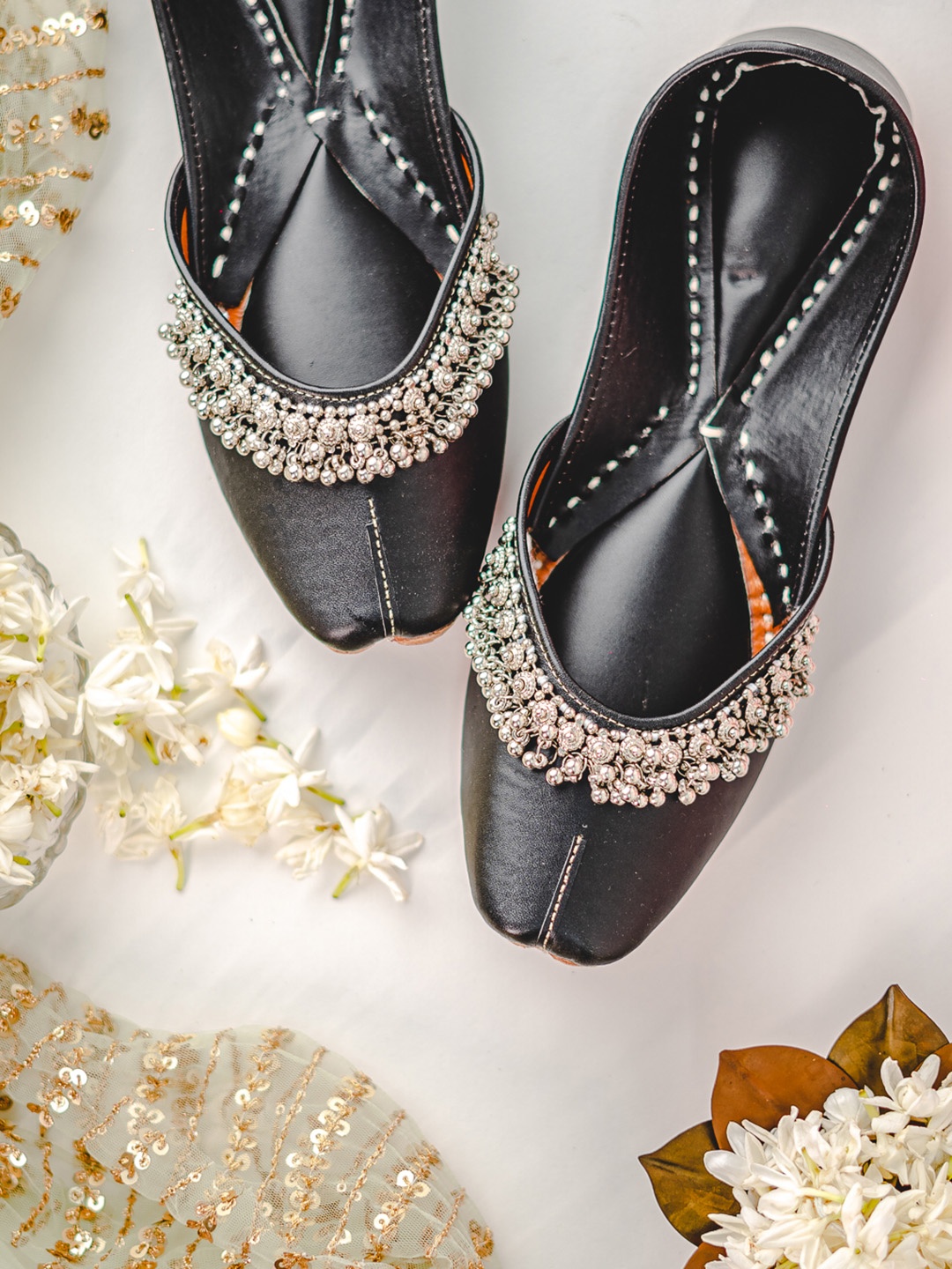 

NR By Nidhi Rathi Ghunghroo Embellished Leather Mojaris, Black
