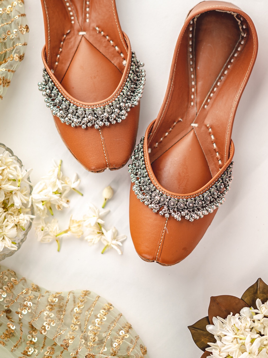 

NR By Nidhi Rathi Ghunghroo Embellished Leather Mojaris, Tan