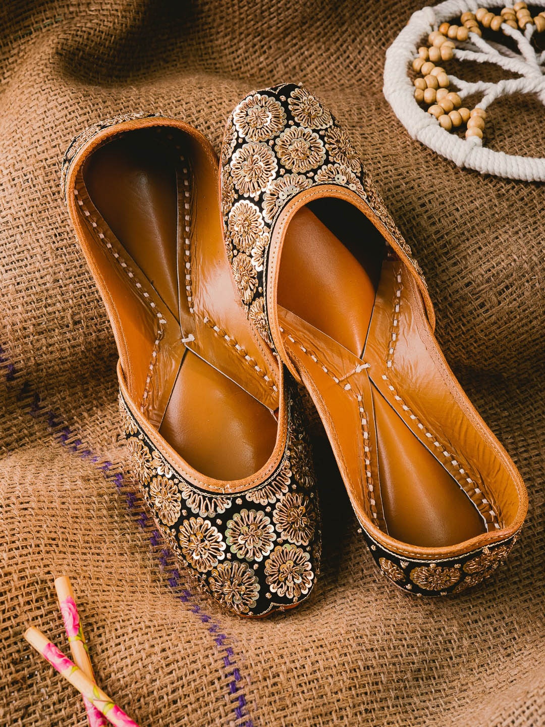 

NR By Nidhi Rathi Embellished Ethnic Leather Mojaris, Black