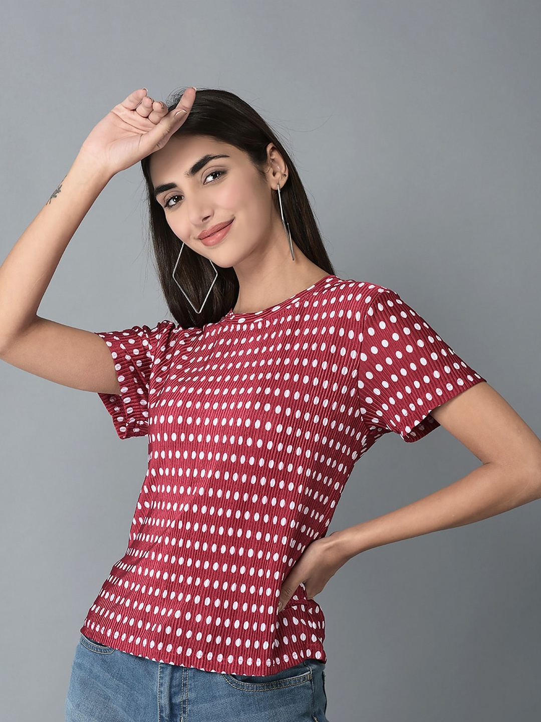 

CANOE Geometric Printed Round Neck T-shirt, Red