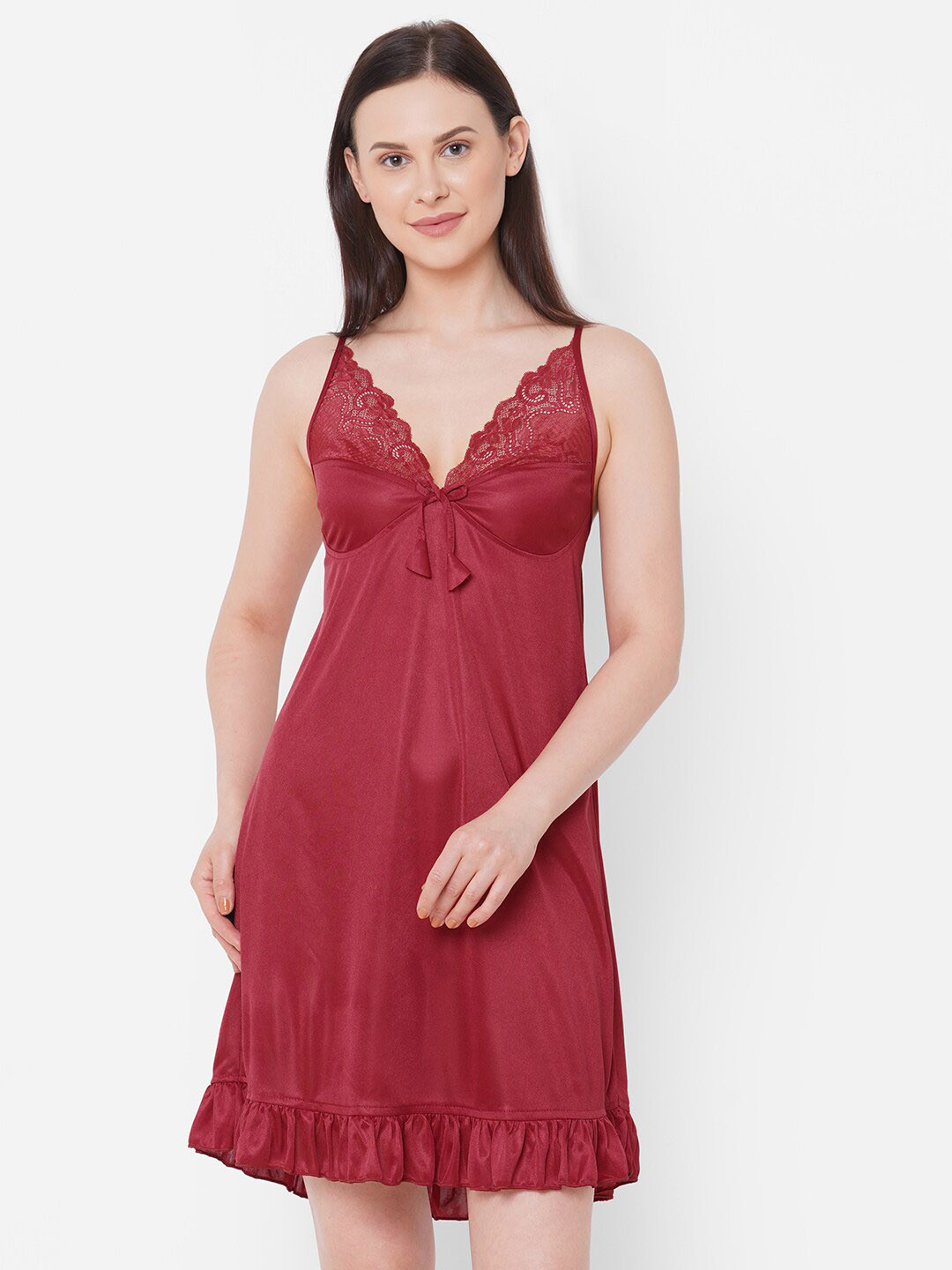 

NOIRA Self Design Shoulder Straps Satin Baby Doll, Maroon