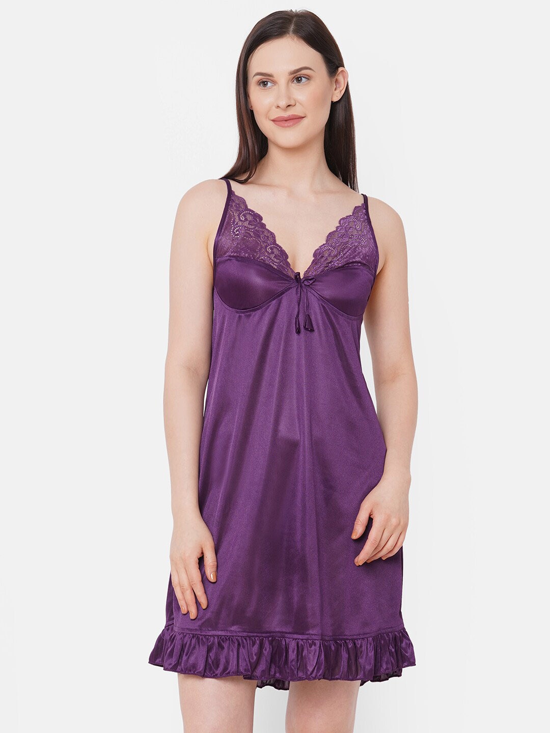 

NOIRA Self Design Shoulder Straps Satin Baby Doll, Purple