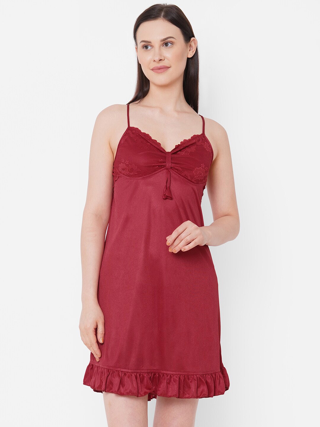 

NOIRA Shoulder Straps Satin Baby Doll, Maroon