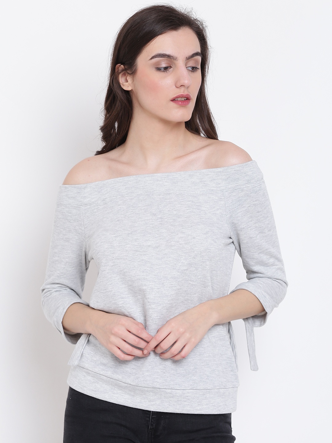 

FOREVER 21 Women Grey Melange Solid Bardot Top