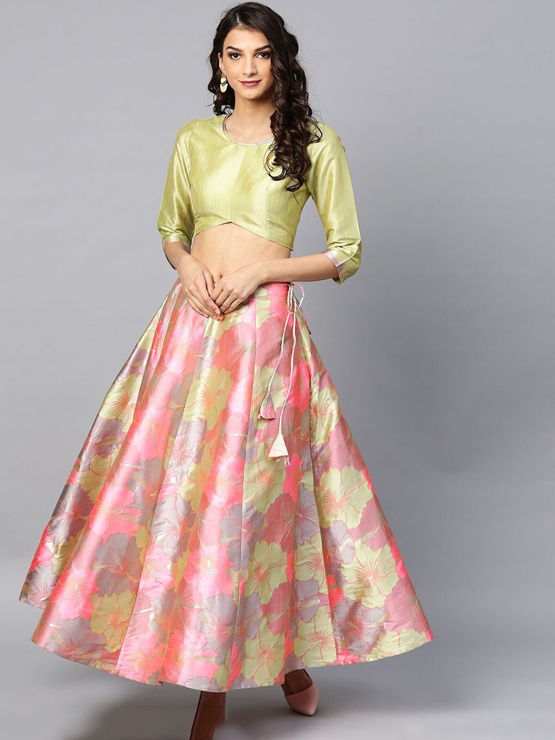

FABPIXEL Floral Printed Semi-Stitched Silk Lehenga & Choli Set, Olive