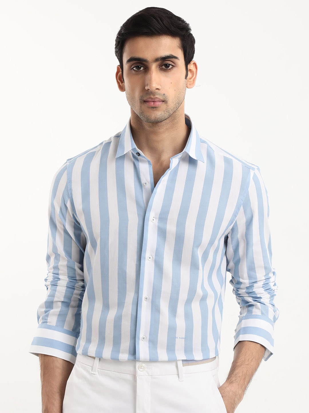 

RARE RABBIT Men Leeds Slim Fit Vertical Striped Cotton Shirt, Blue