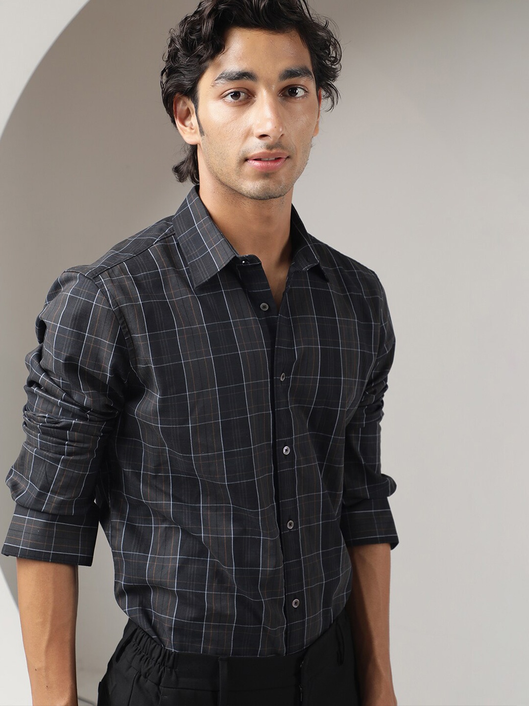 

RARE RABBIT Men Lancelot Slim Fit Tartan Checked Cotton Shirt, Grey