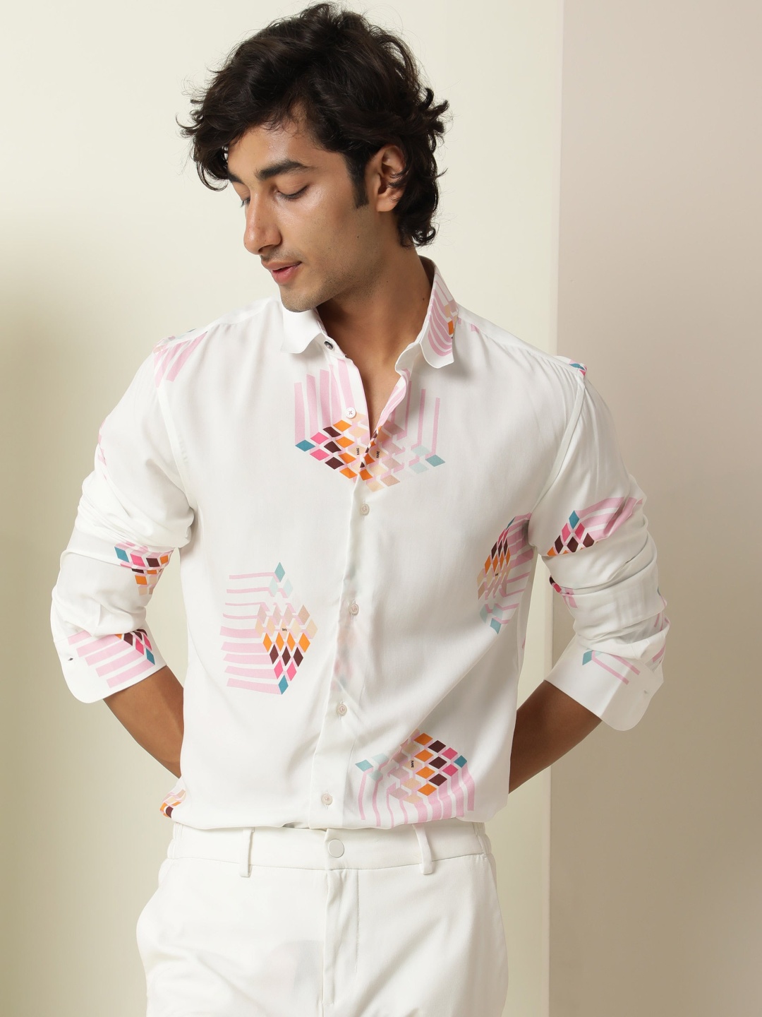

RARE RABBIT Men Primet Slim Fit Geometric Printed Shirt, White