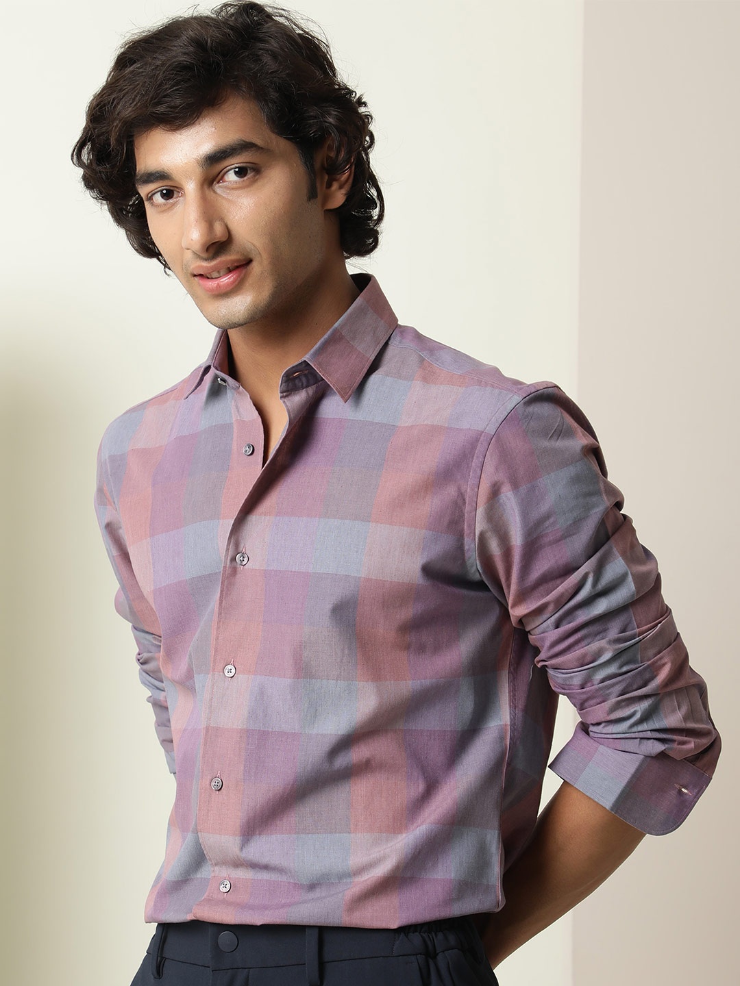 

RARE RABBIT Men Vasco Slim Fit Windowpane Check Shirt, Pink
