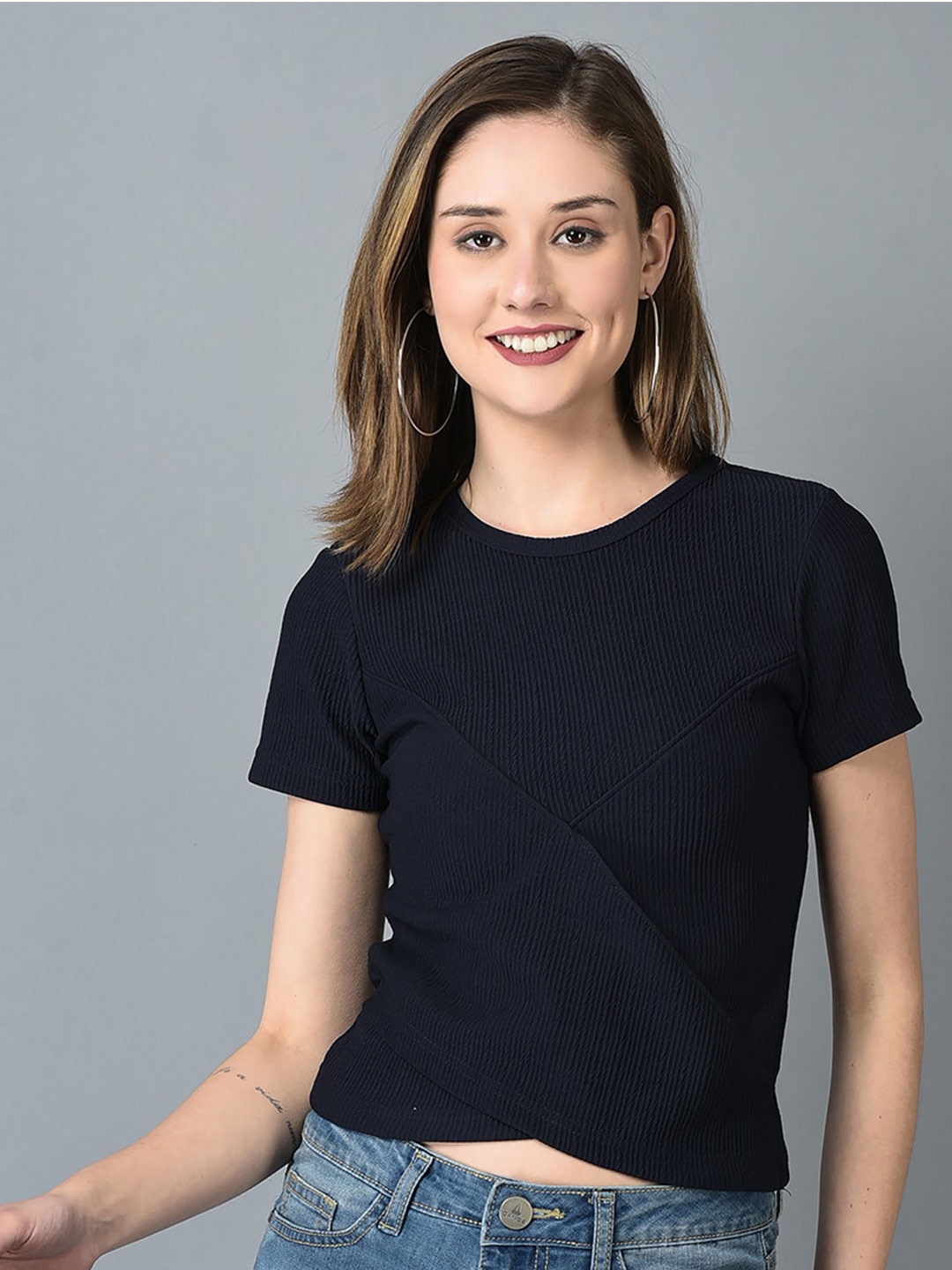 

CANOE Striped Round Neck Wrap Top, Navy blue
