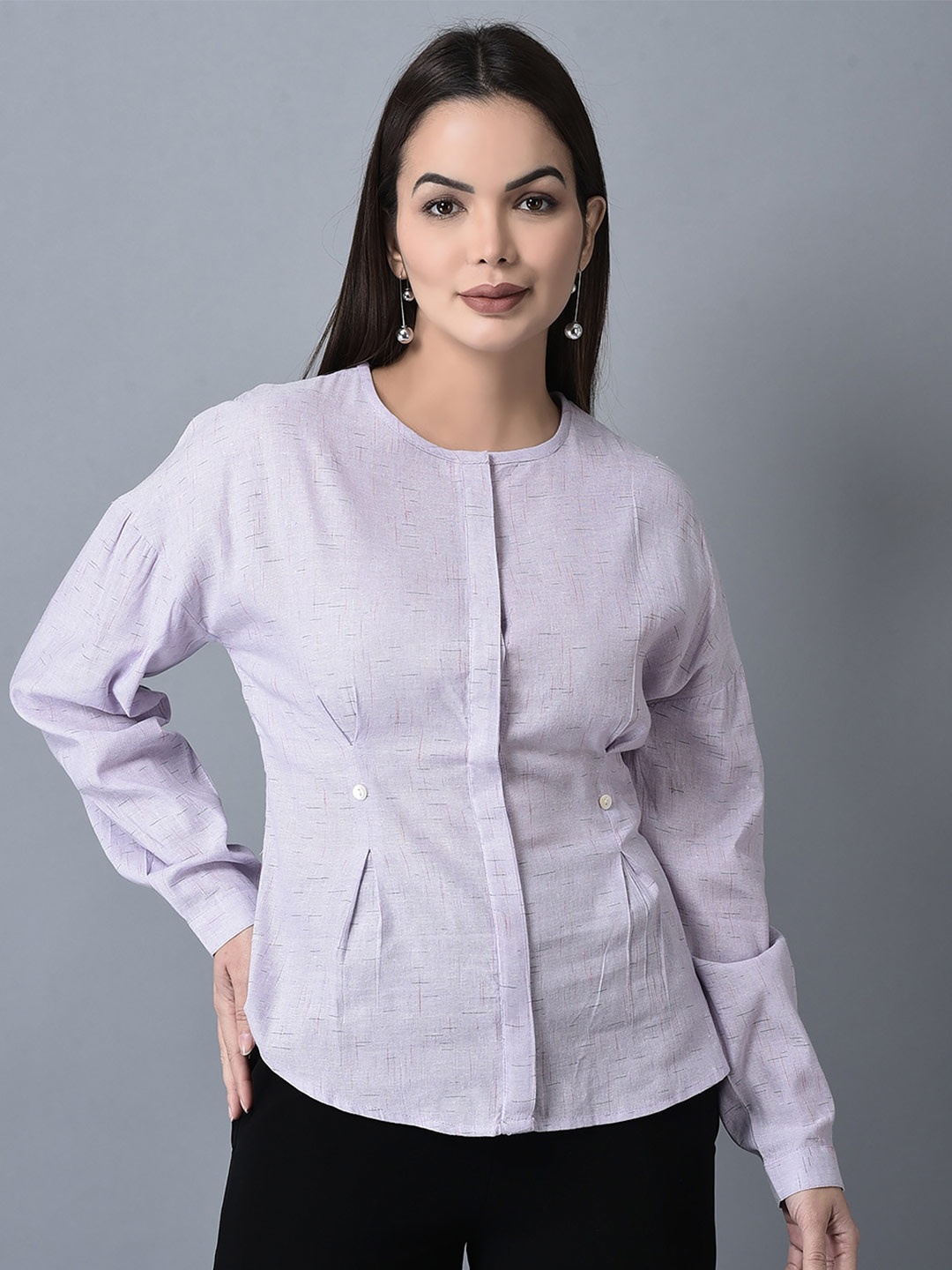 

CANOE Round Neck Cuffed Sleeves Pure Cotton Shirt Style Top, Purple