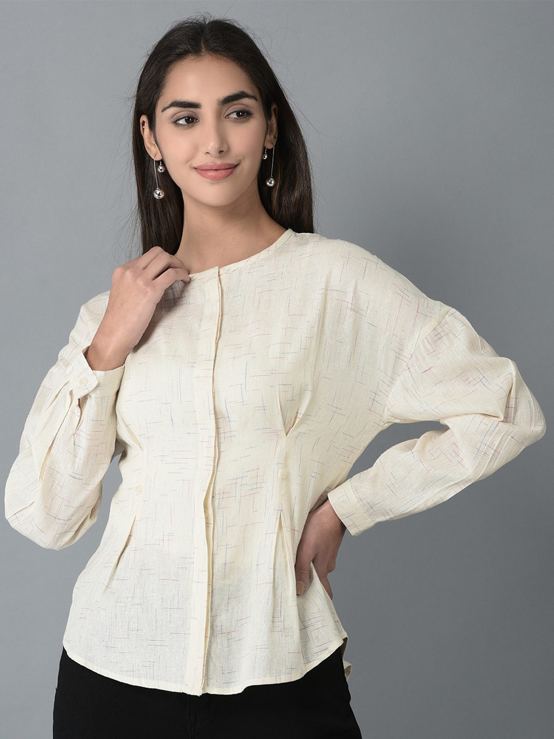 

CANOE Round Neck Cuffed Sleeves Top, Beige