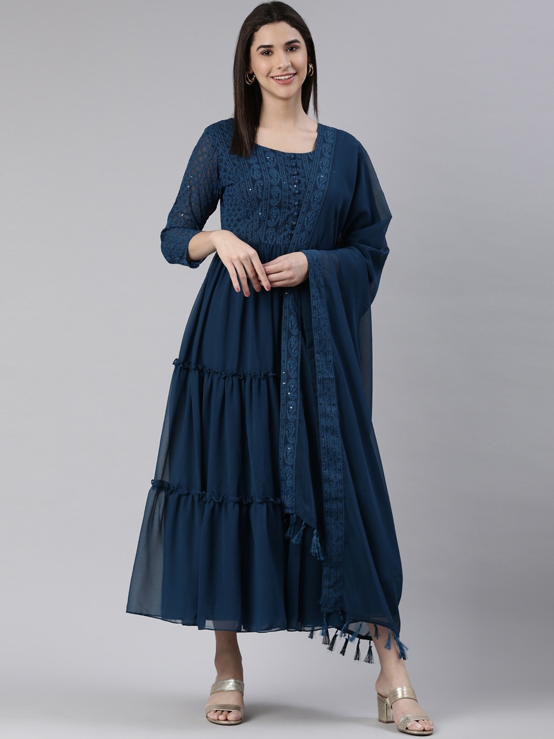 

KALINI Embroidered Chikankari Fit & Flare Maxi Ethnic Dress With Dupatta, Teal