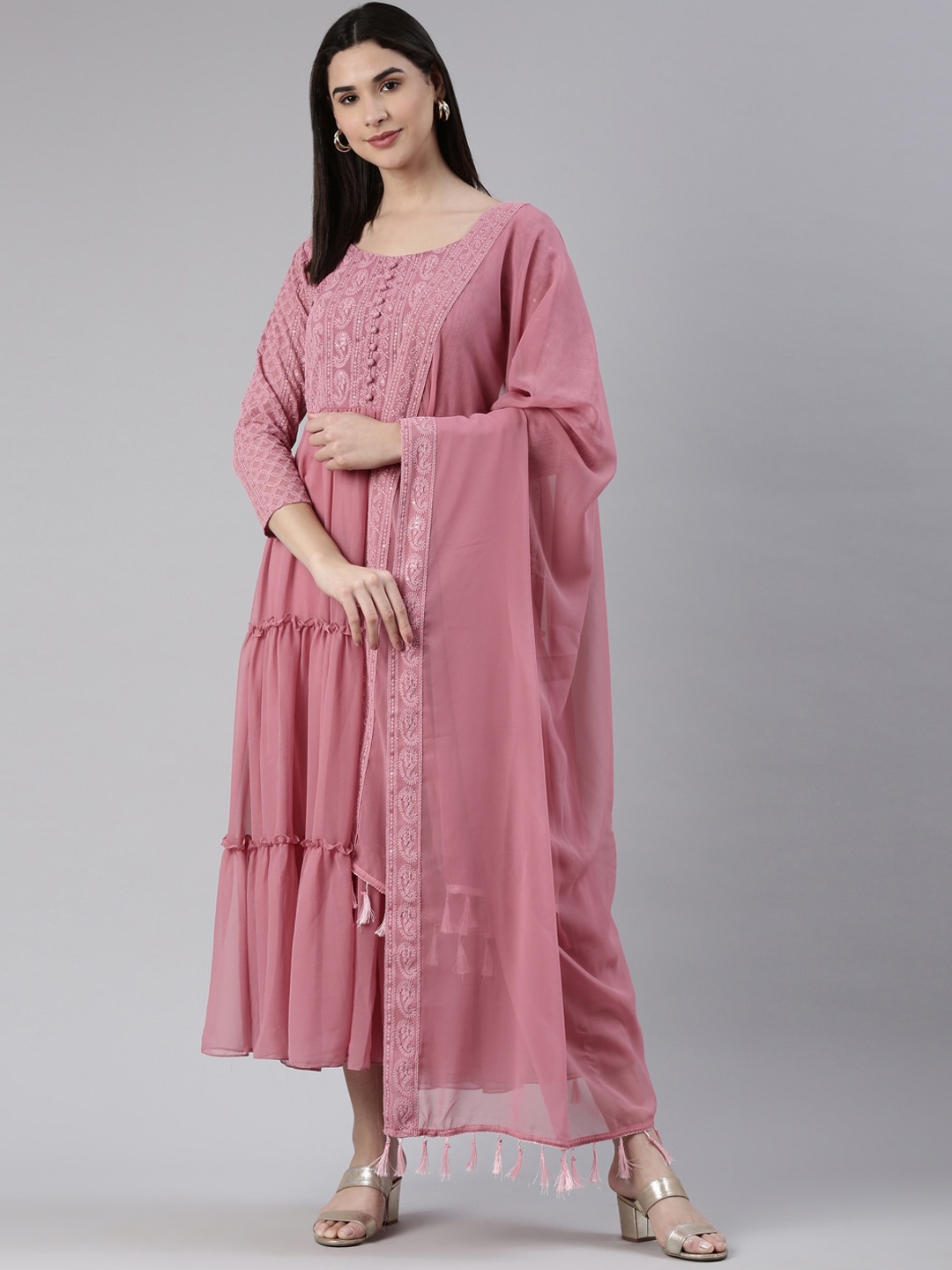 

KALINI Embroidered Chikankari Fit & Flare Maxi Ethnic Dress With Dupatta, Pink