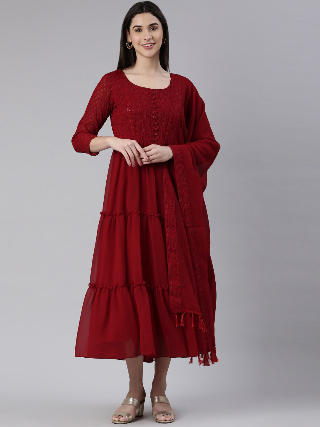 

KALINI Chikankari Embroidery Midi Fit & Flare Tiered Dress with Dupatta, Maroon