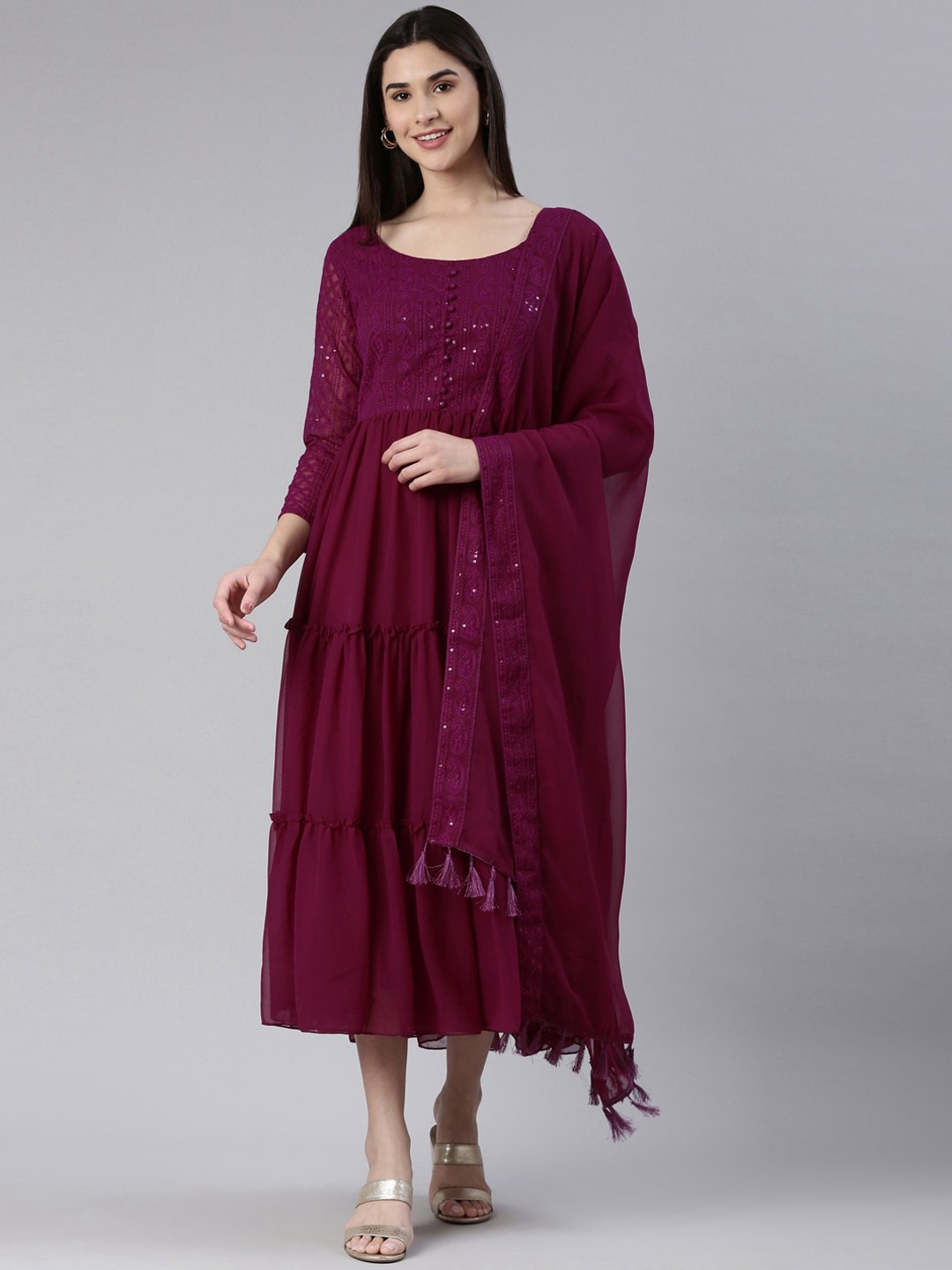 

KALINI Embroidered Chikankari Fit & Flare Maxi Ethnic Dress With Dupatta, Burgundy