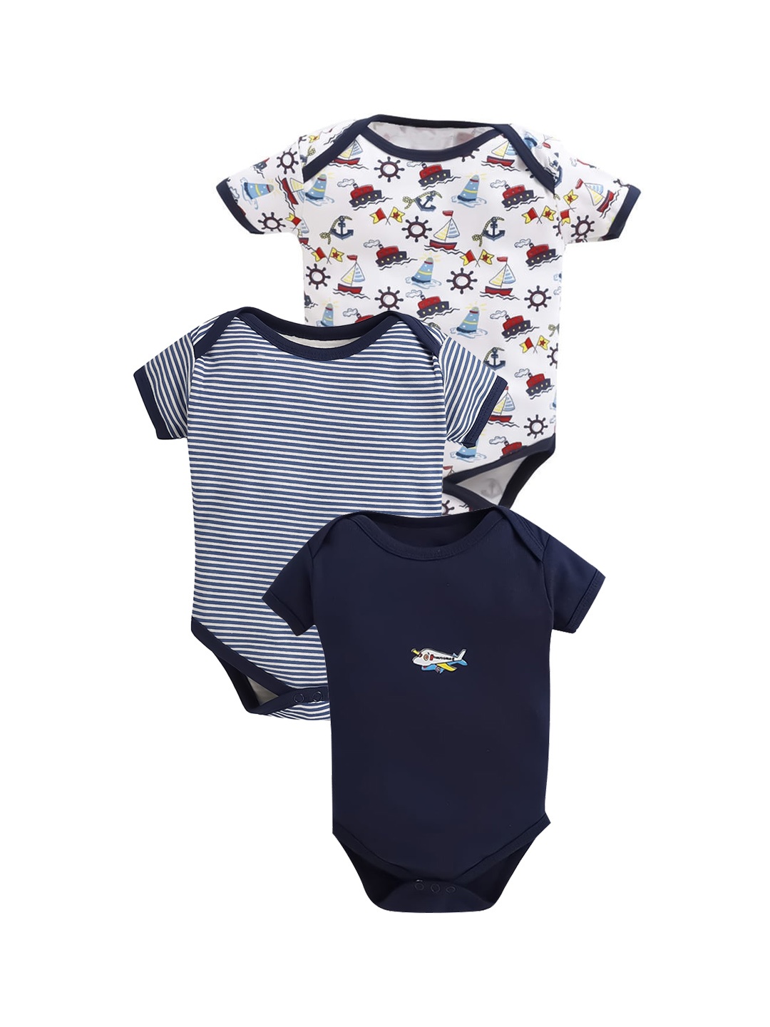 

EIO Infants Pack Of 3 Printed Pure Cotton Bodysuits, Navy blue