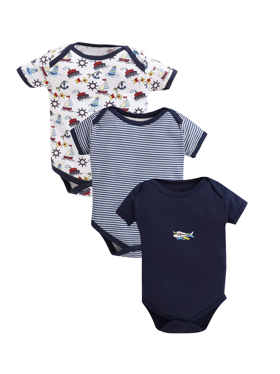 

EIO Infants Pack Of 3 Printed Pure Cotton Bodysuits, Navy blue