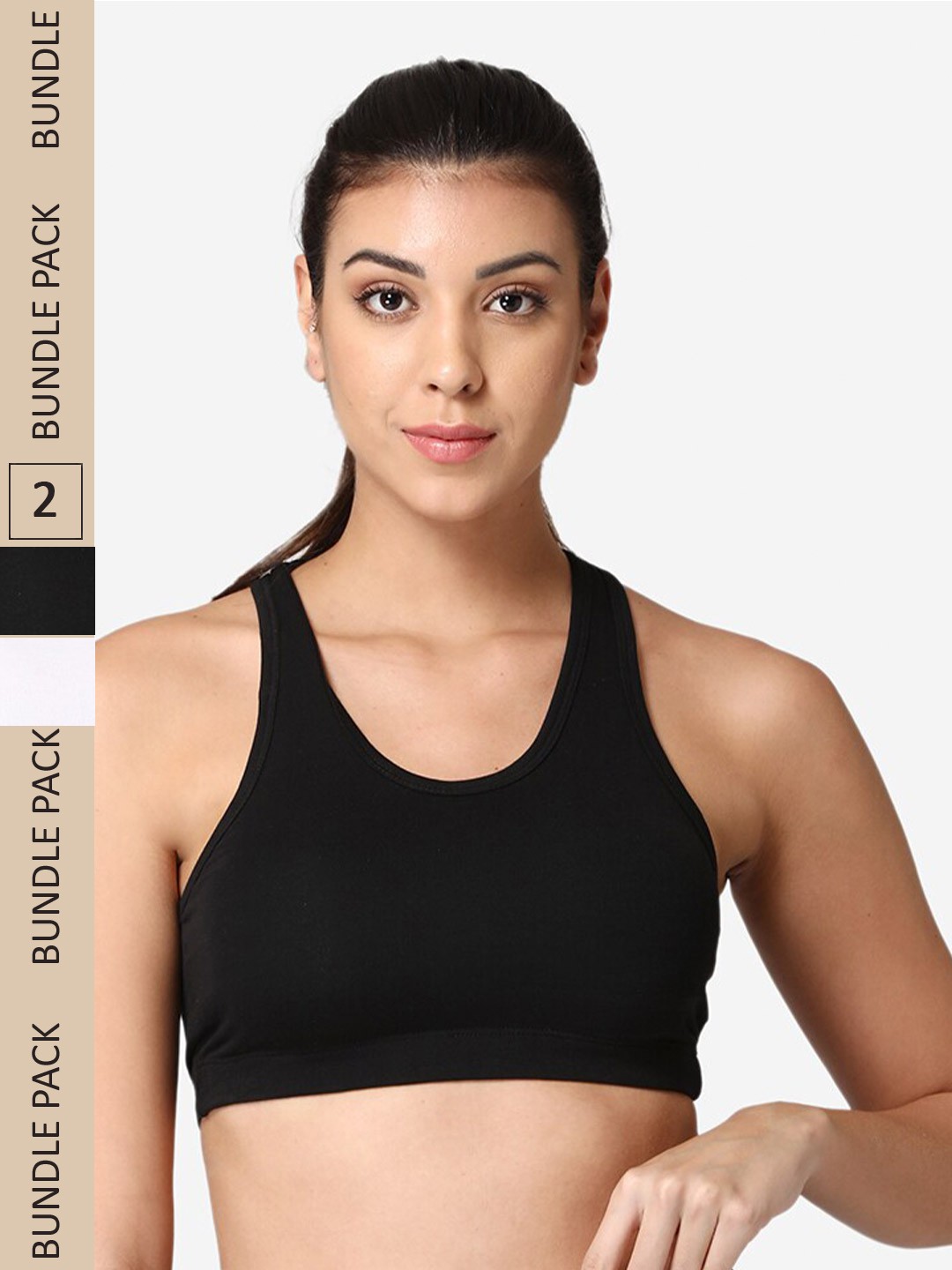 

ABELINO Pack Of 2 Cotton Removable Padding Medium Support Training or Gym Racerback Bra, Black