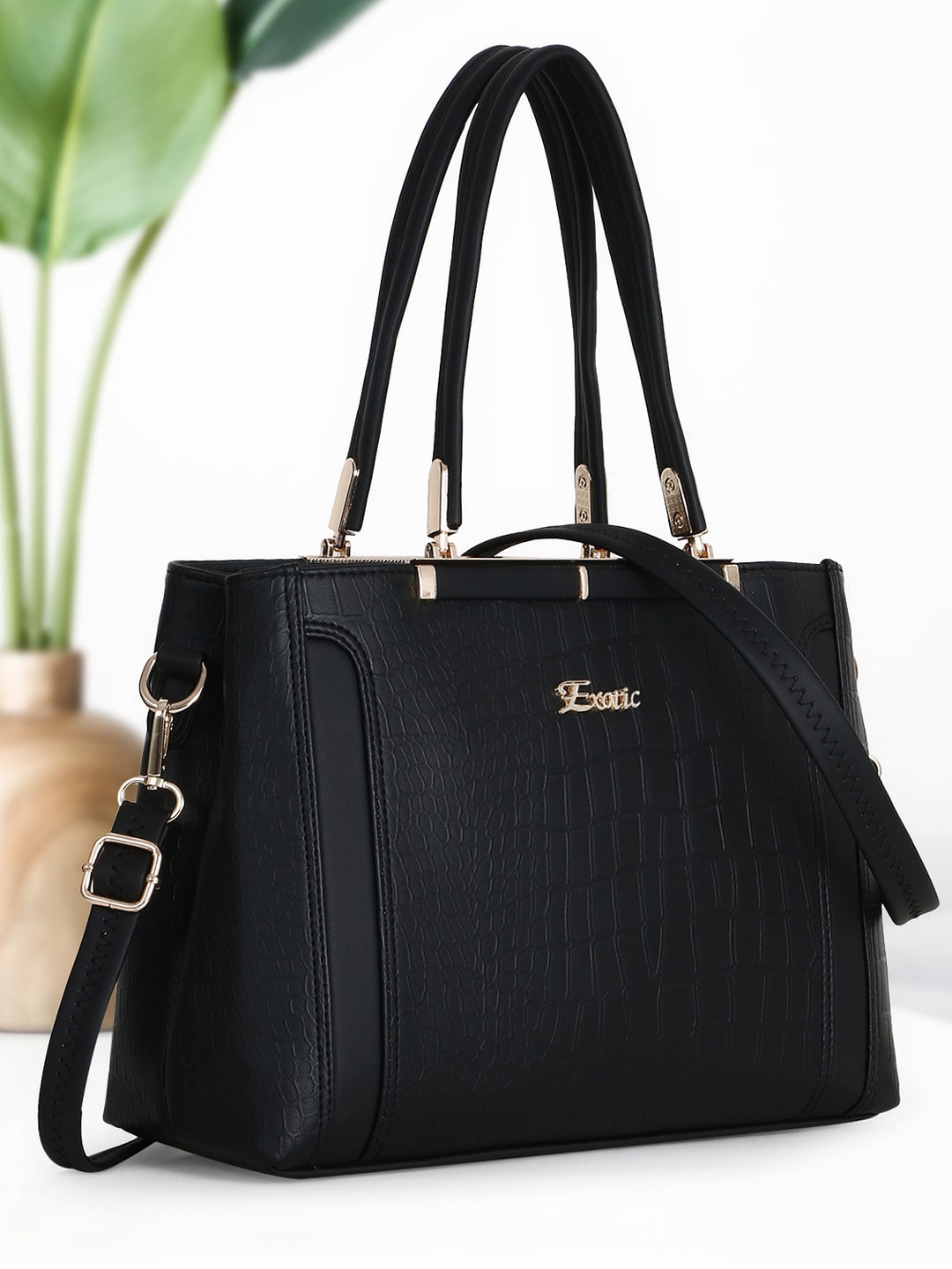 

Exotic Textured Structured Shoulder Bag, Black