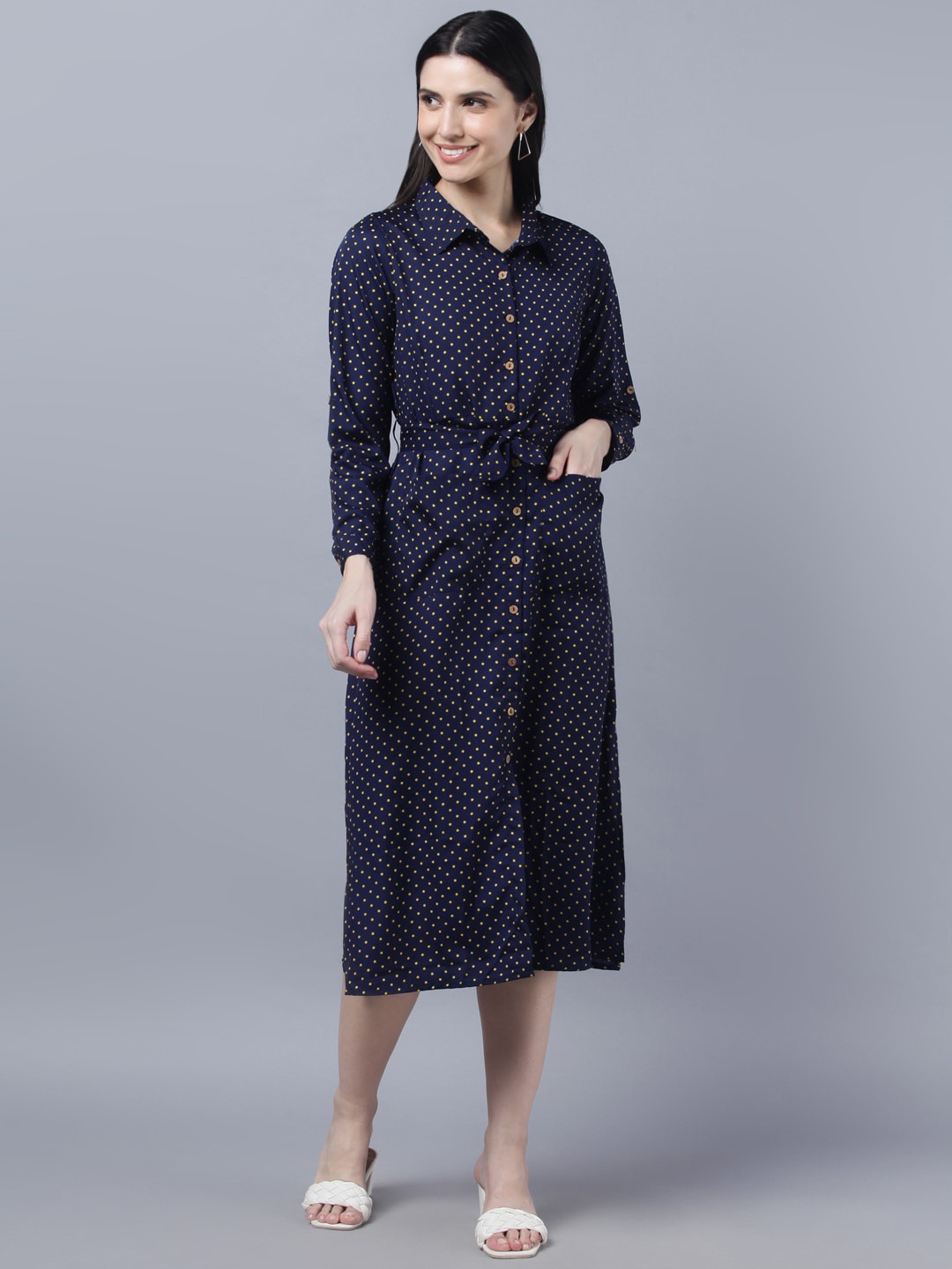 

Myshka Navy Blue Crepe Shirt Midi Dress
