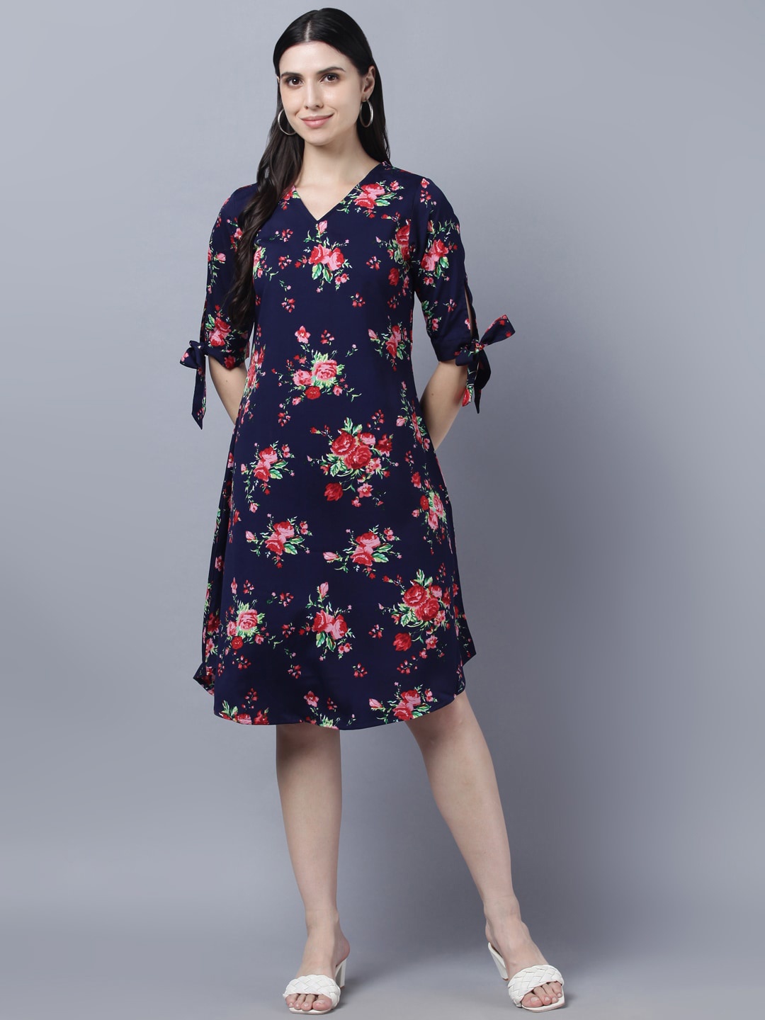 

Myshka V-Neck Floral Crepe Dress, Navy blue