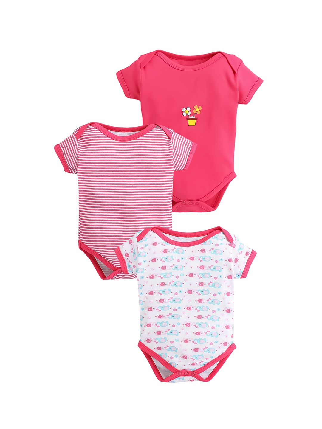 

EIO Infants Pack Of 3 Printed Pure Cotton Bodysuits, Rose