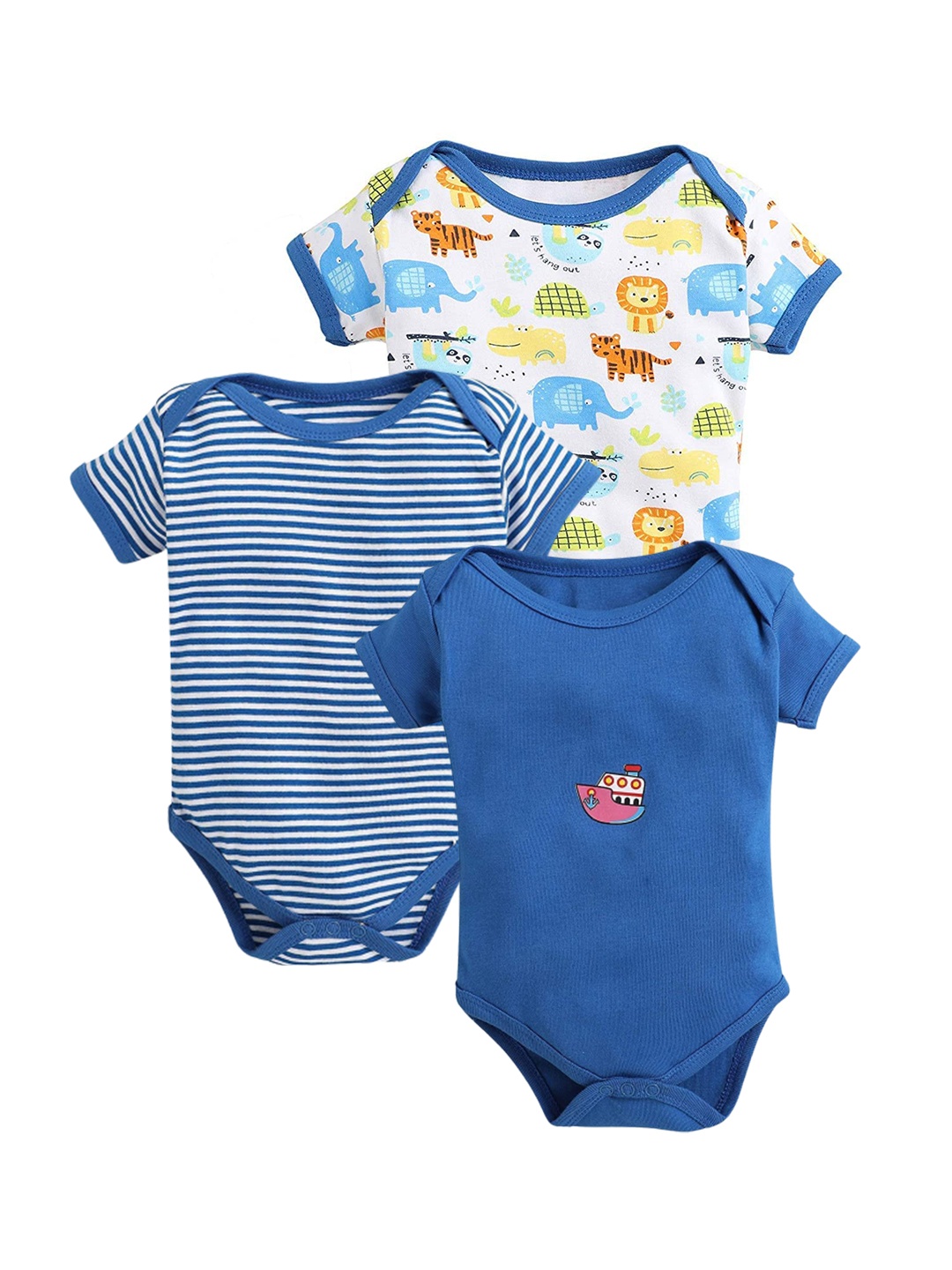 

EIO Infants Pack Of 3 Printed Pure Cotton Bodysuits, Blue