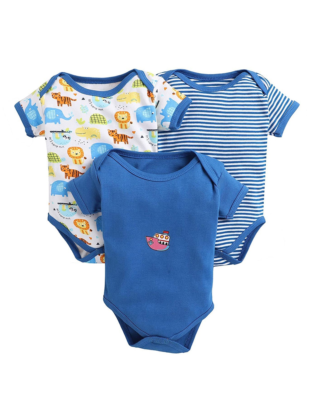 

EIO Infants Pack Of 3 Printed Pure Cotton Bodysuits, Blue