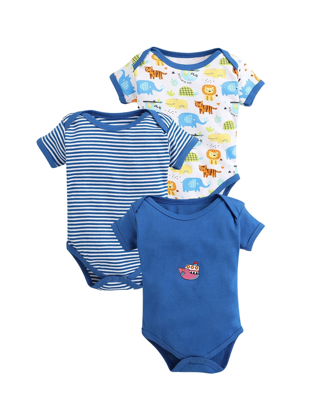 

EIO Infants Pack Of 3 Printed Pure Cotton Bodysuits, Blue