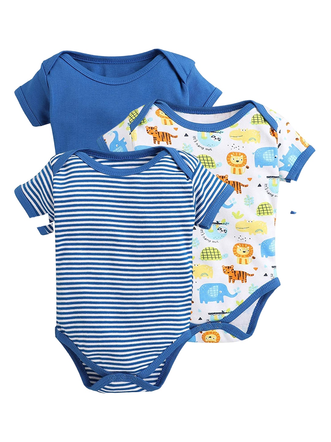 

EIO Infants Pack Of 3 Printed Pure Cotton Bodysuits, Blue