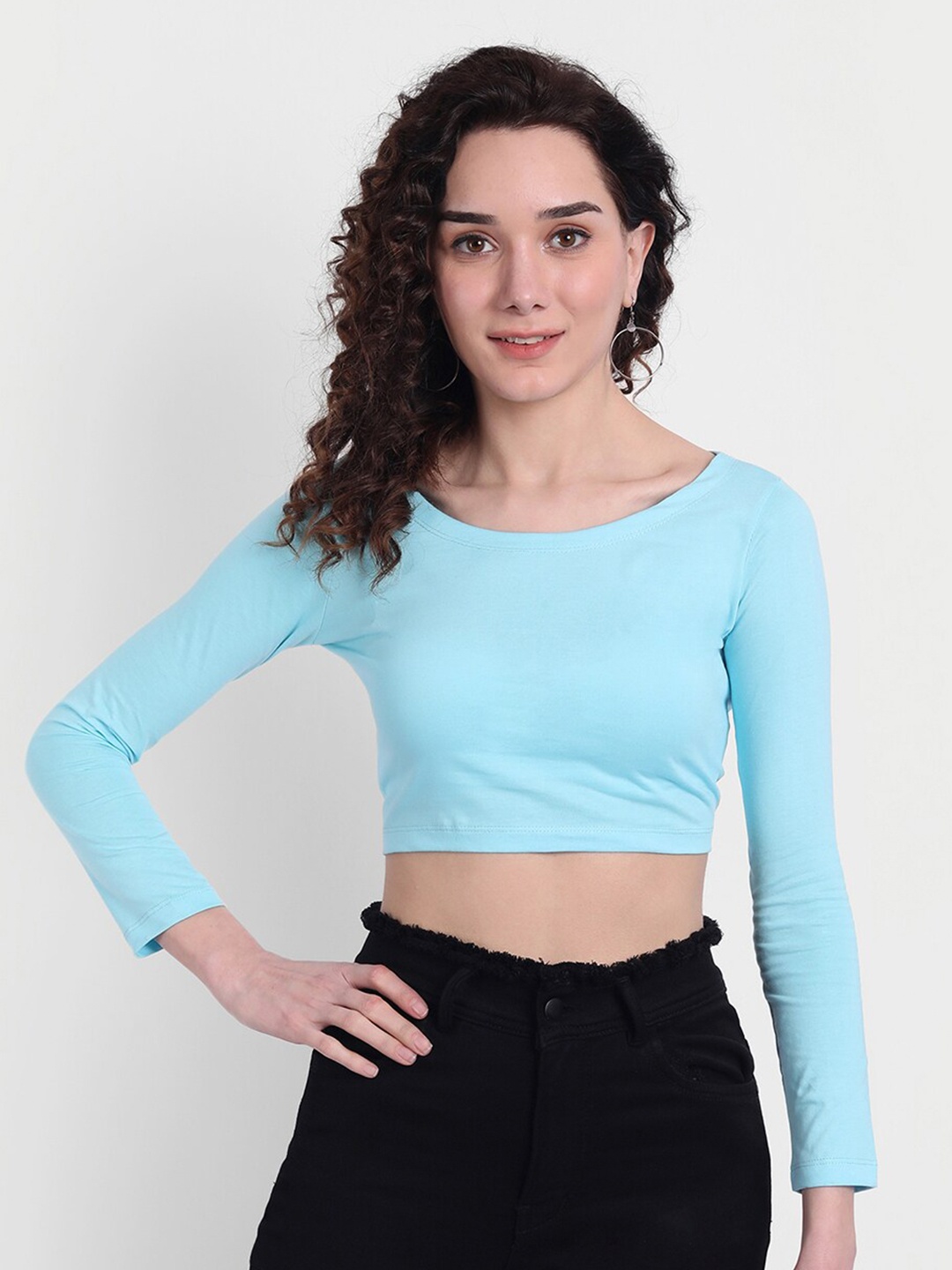 

COLOR CAPITAL Round Neck Long Sleeves Crop Top, Blue