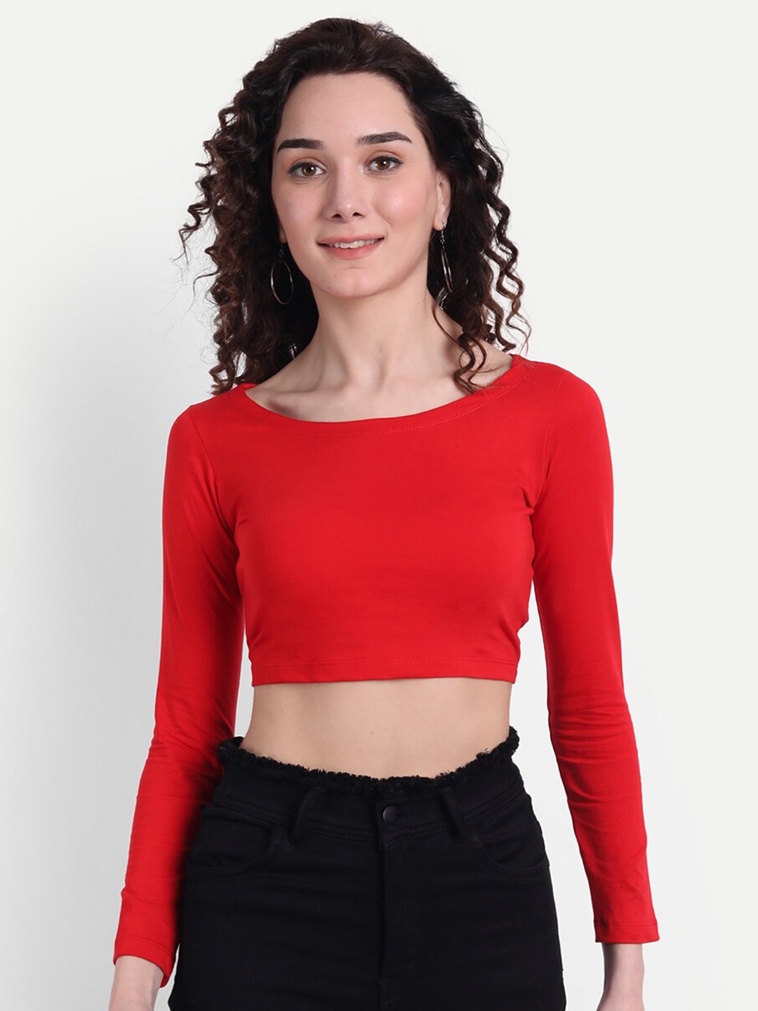 

COLOR CAPITAL Boat Neck Long Sleeves Crop Top, Red