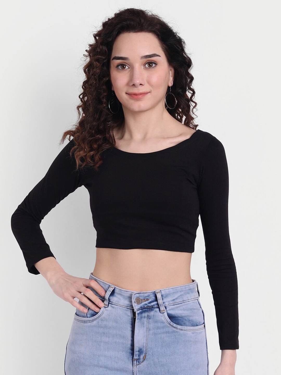 

COLOR CAPITAL Round Neck Long Sleeves Crop Top, Black