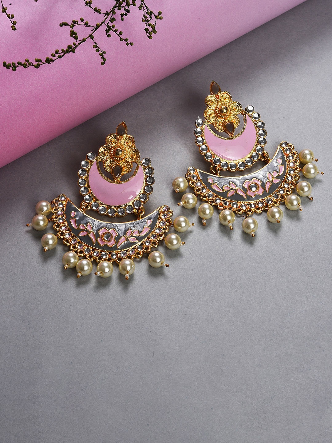 

SOHI Gold-Plated Crescent Shaped Stone Studded & Beaded Chandbalis, Pink