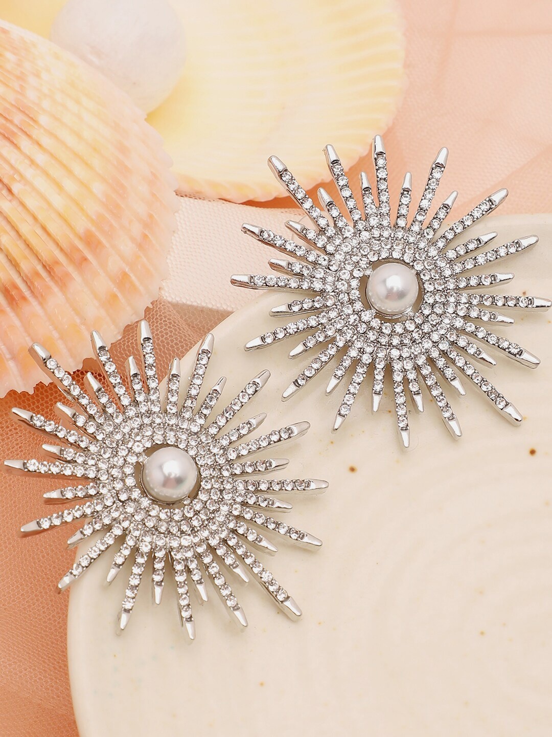 

SOHI Silver Plated Contemporary Stone Studded Studs Earrings, White
