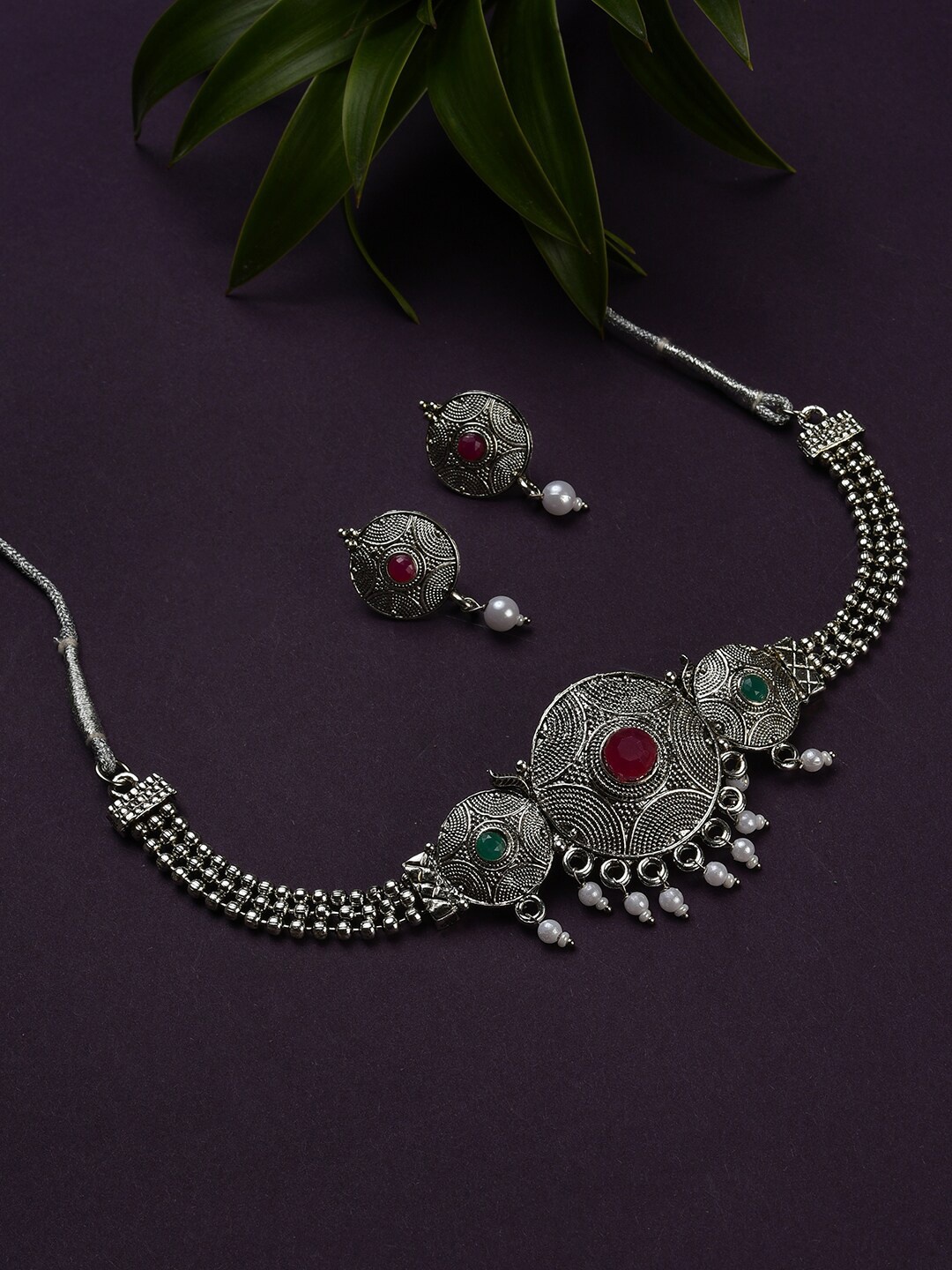 

SOHI Silver-Plated Stone-Studded & Beaded Necklace & Earrings Set