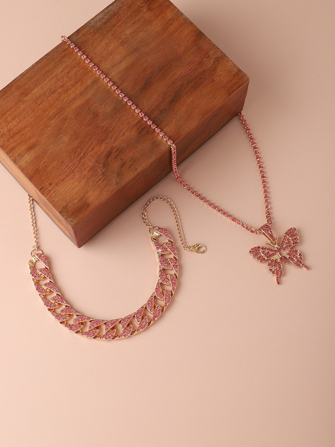

SOHI Set Of 2 Gold-Plated Designer Stone Necklace, Pink