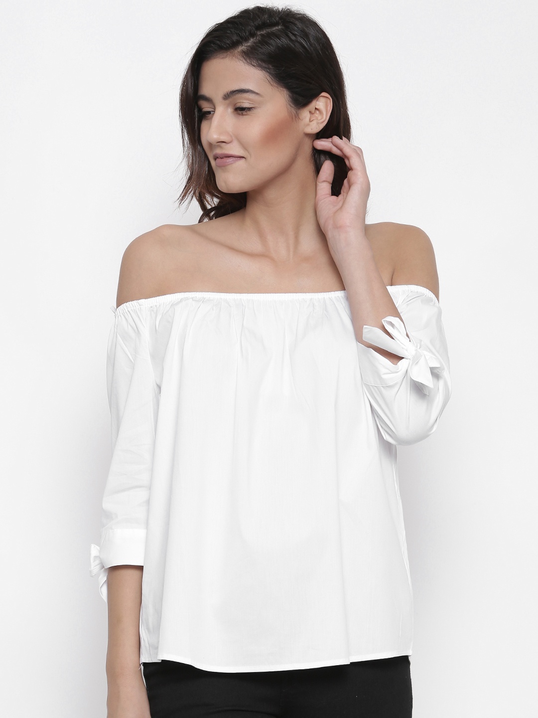 

FOREVER 21 Women White Solid Bardot Top